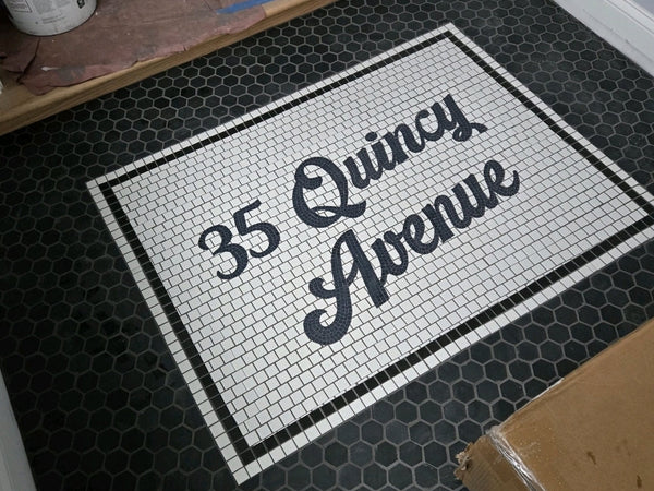 35 Quincy Avenue house address mosaic in script lettering