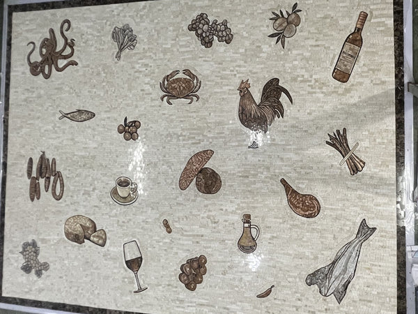 Hand-cut marble mosaic floor with scattered food and wine motifs
