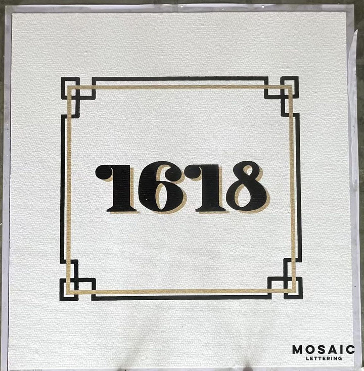 1618 house number with gold border, house number mosaic by Mosaic Lettering, photographed at our studio before installation