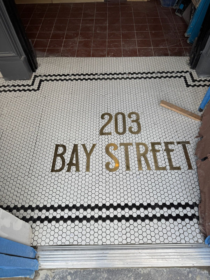 203 Bay Street address entrance mosaic, house number mosaic by Mosaic Lettering