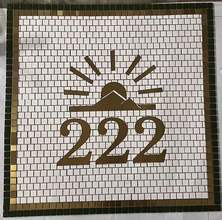 222 sunrise house number mosaic, house number mosaic by Mosaic Lettering, photographed at our studio before installation