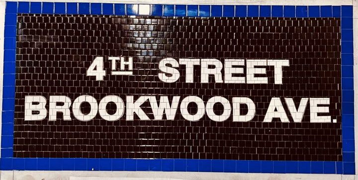 4th Street Brookwood Ave street sign mosaic, house number mosaic by Mosaic Lettering, photographed at our studio before installation