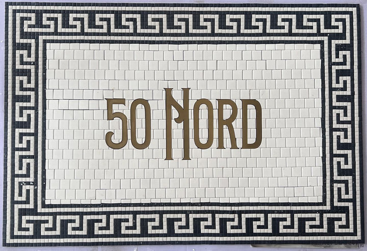 50 Nord Greek key border address mosaic, house number mosaic by Mosaic Lettering, photographed at our studio before installation