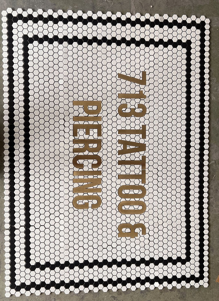 713 Tattoo & Piercing lettering mosaic, business logo mosaic by Mosaic Lettering, photographed at our studio before installation