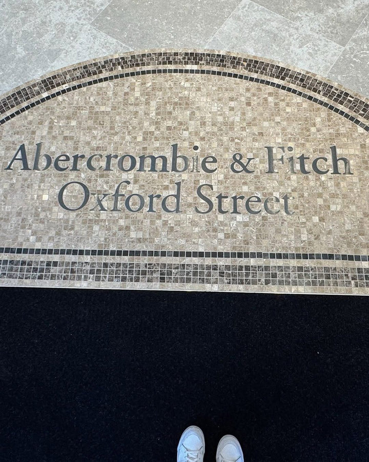 Abercrombie & Fitch Oxford Street marble mosaic, business logo mosaic by Mosaic Lettering