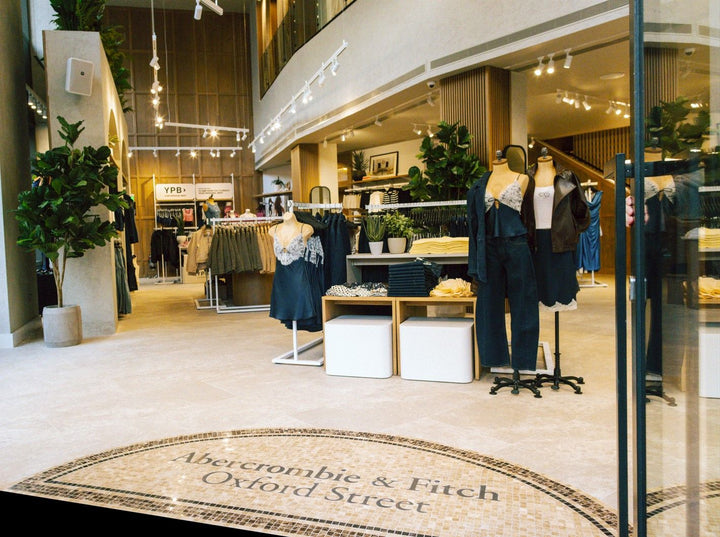 Abercrombie & Fitch Oxford Street store entrance, business logo mosaic by Mosaic Lettering