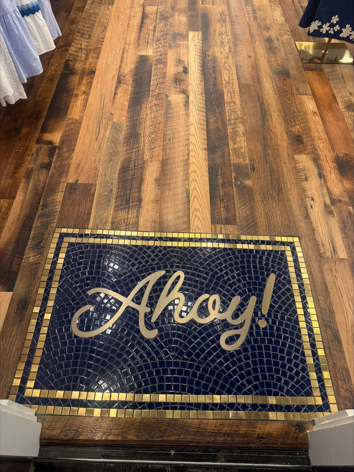 Ahoy! navy and gold mosaic, restaurant logo mosaic by Mosaic Lettering