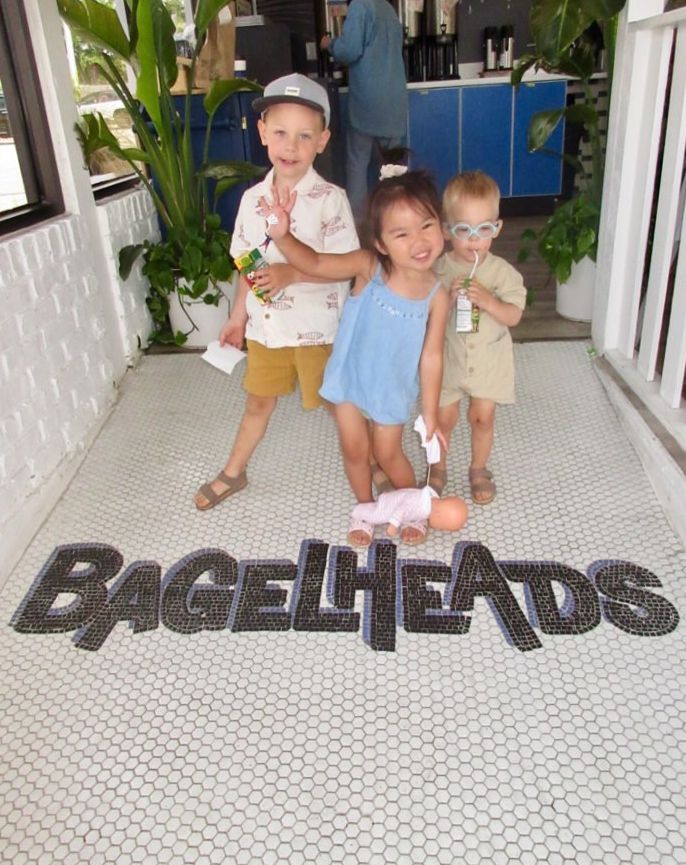 Bagelheads lettering mosaic, restaurant logo mosaic by Mosaic Lettering