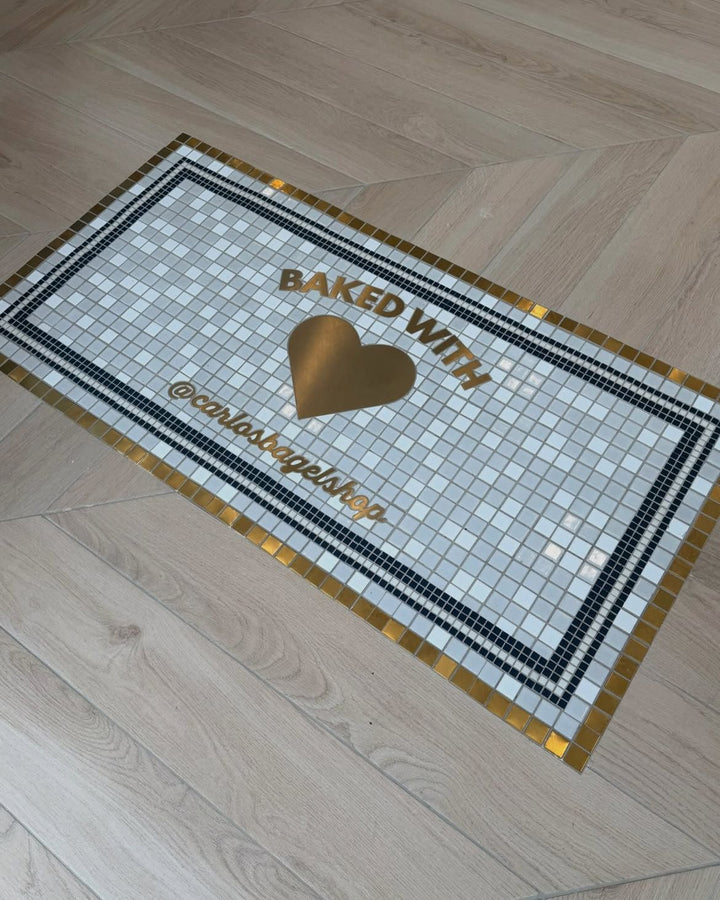 Baked With Love blue mosaic, restaurant logo mosaic by Mosaic Lettering