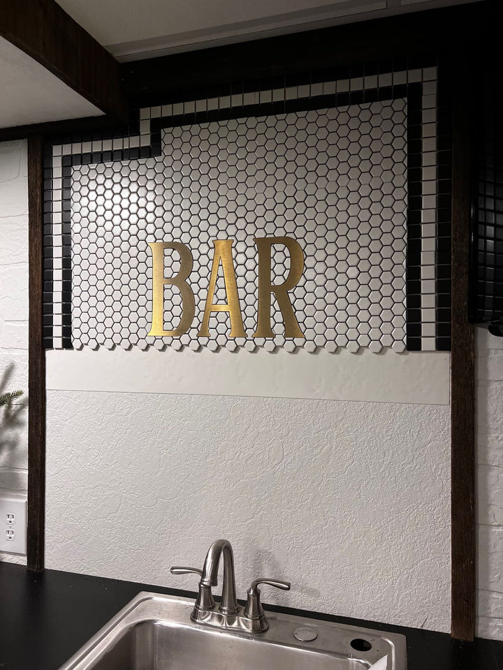 BAR 35 gold lettering bar backsplash mosaic, bar logo mosaic by Mosaic Lettering