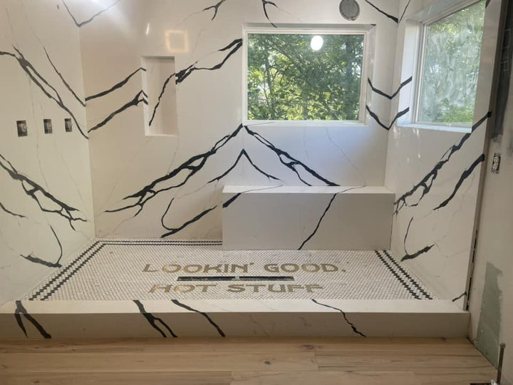 Bathroom floor lettering mosaic, pool and bathroom mosaic by Mosaic Lettering