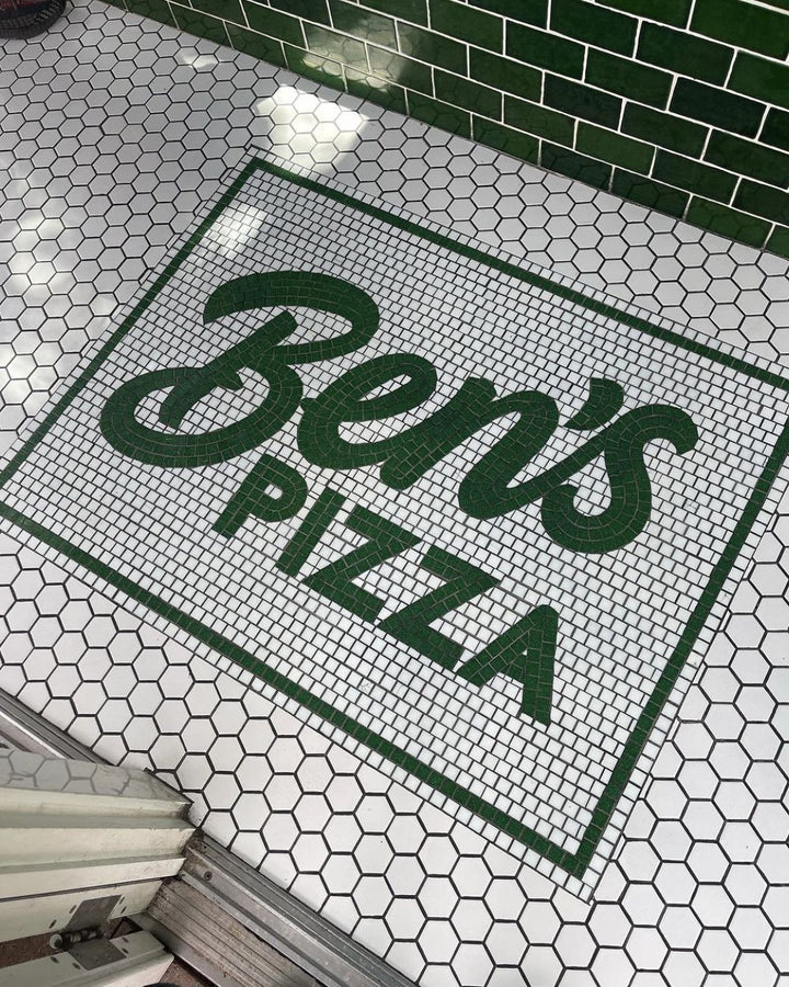 Ben's Pizza green logo mosaic, restaurant logo mosaic by Mosaic Lettering