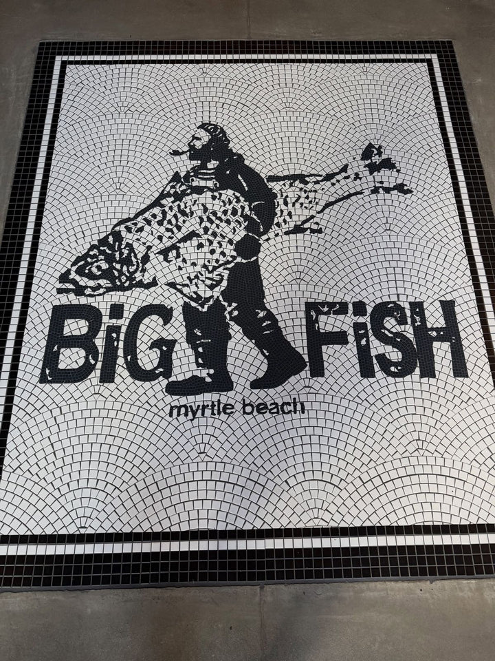 Big Fish Myrtle Beach mosaic, restaurant logo mosaic by Mosaic Lettering, photographed at our studio before installation