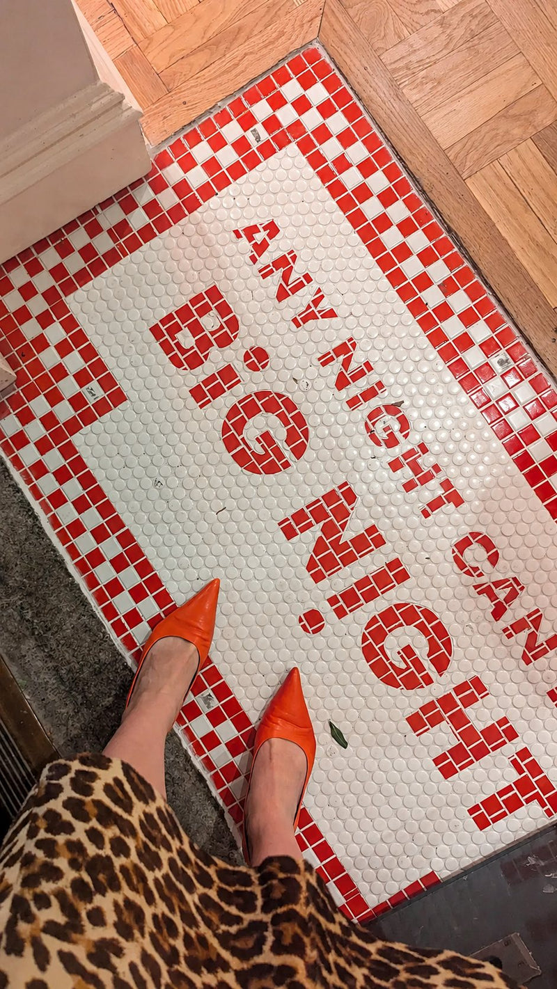 Big Night mosaic: Red lettering, penny round