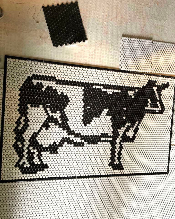 Black and white cow hexagon mosaic, penny tile mosaic by Mosaic Lettering