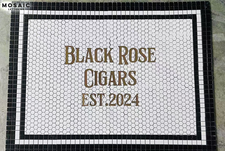 Black Rose Cigars gold mosaic, bar logo mosaic by Mosaic Lettering, photographed at our studio before installation