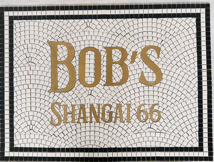 Bob's Shangai 66 gold lettering mosaic, restaurant logo mosaic by Mosaic Lettering, photographed at our studio before installation
