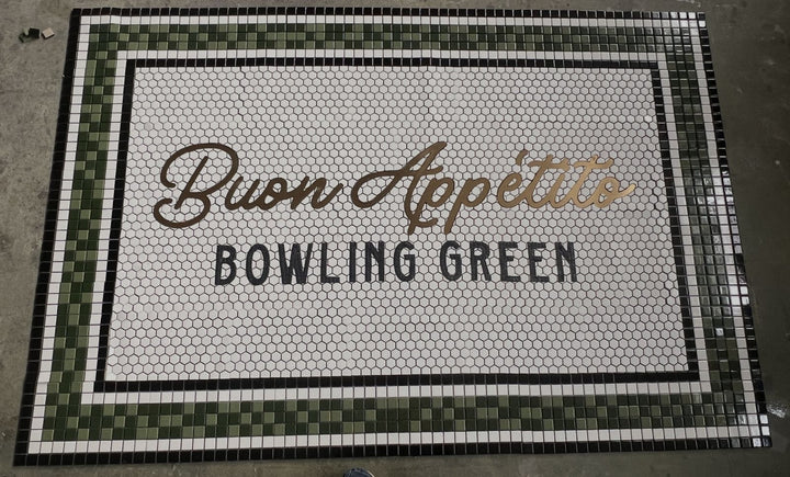 Buon Appetito Bowling Green mosaic, restaurant logo mosaic by Mosaic Lettering, photographed at our studio before installation