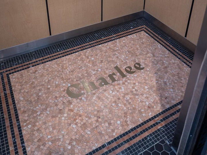 Charlee pink mosaic entrance, business logo mosaic by Mosaic Lettering