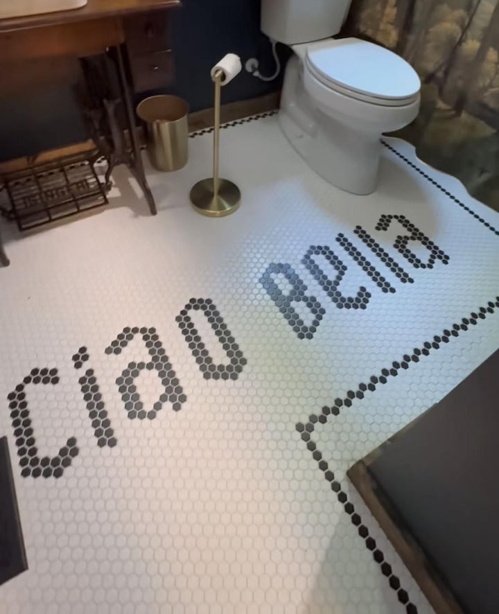 Ciao Bella bathroom floor mosaic, pool and bathroom mosaic by Mosaic Lettering