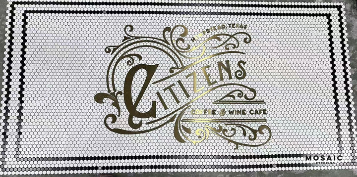 Citizens gold logo mosaic, restaurant logo mosaic by Mosaic Lettering, photographed at our studio before installation