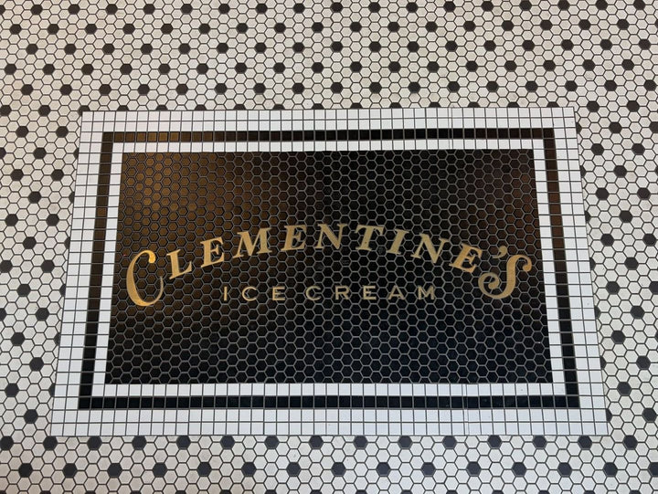 Clementine's Ice Cream gold lettering mosaic, restaurant logo mosaic by Mosaic Lettering