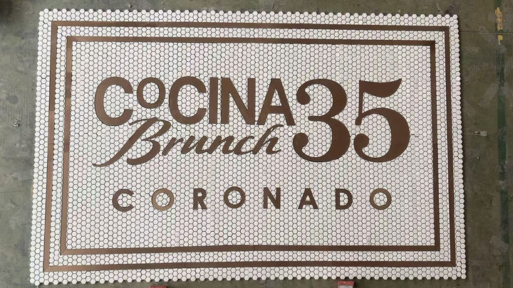 Cocina 35 Brunch Coronado mosaic, restaurant logo mosaic by Mosaic Lettering, photographed at our studio before installation