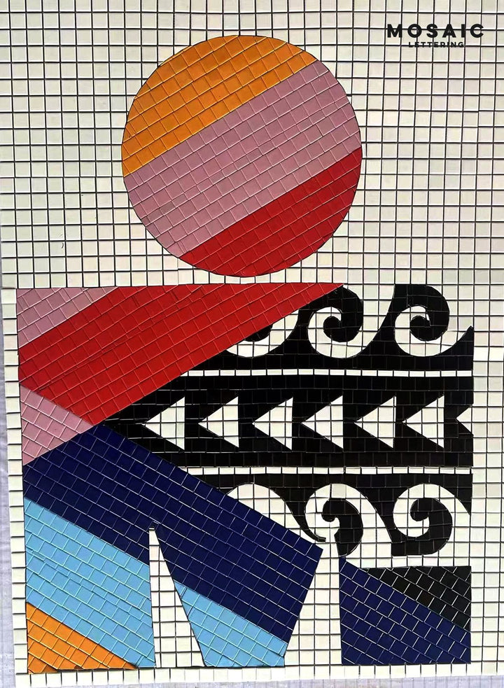 Colourful geometric pattern mosaic, hand-cut mosaic by Mosaic Lettering, photographed at our studio before installation