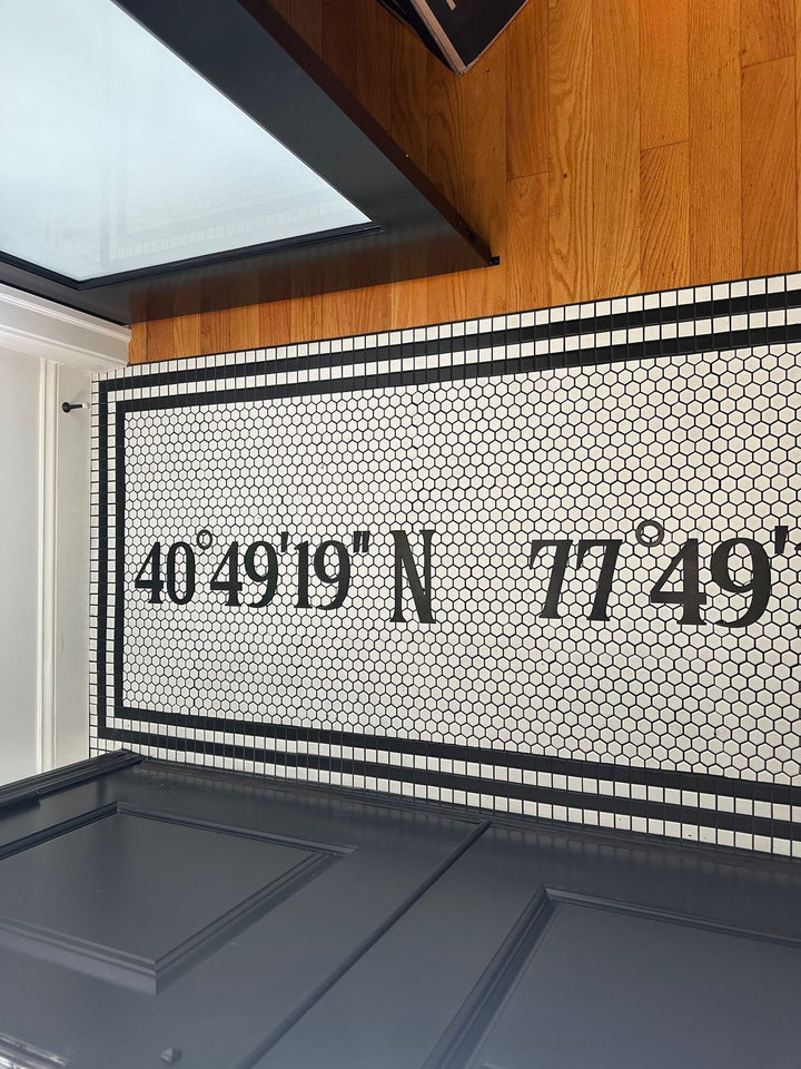 Coordinates entrance mosaic, house number mosaic by Mosaic Lettering