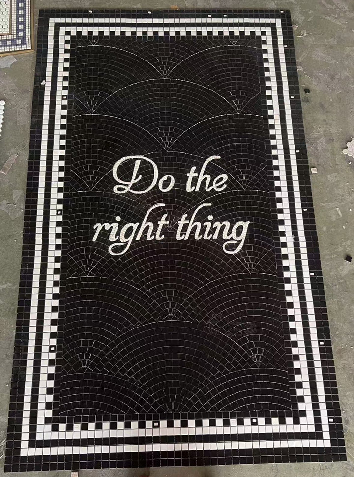 Do the right thing black fanned mosaic, bar logo mosaic by Mosaic Lettering, photographed at our studio before installation