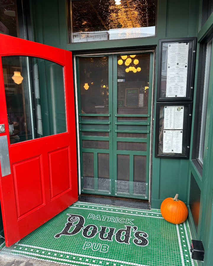 Doud's pub entrance in situ, bar logo mosaic by Mosaic Lettering