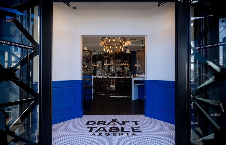 Draft Table restaurant entrance, restaurant logo mosaic by Mosaic Lettering