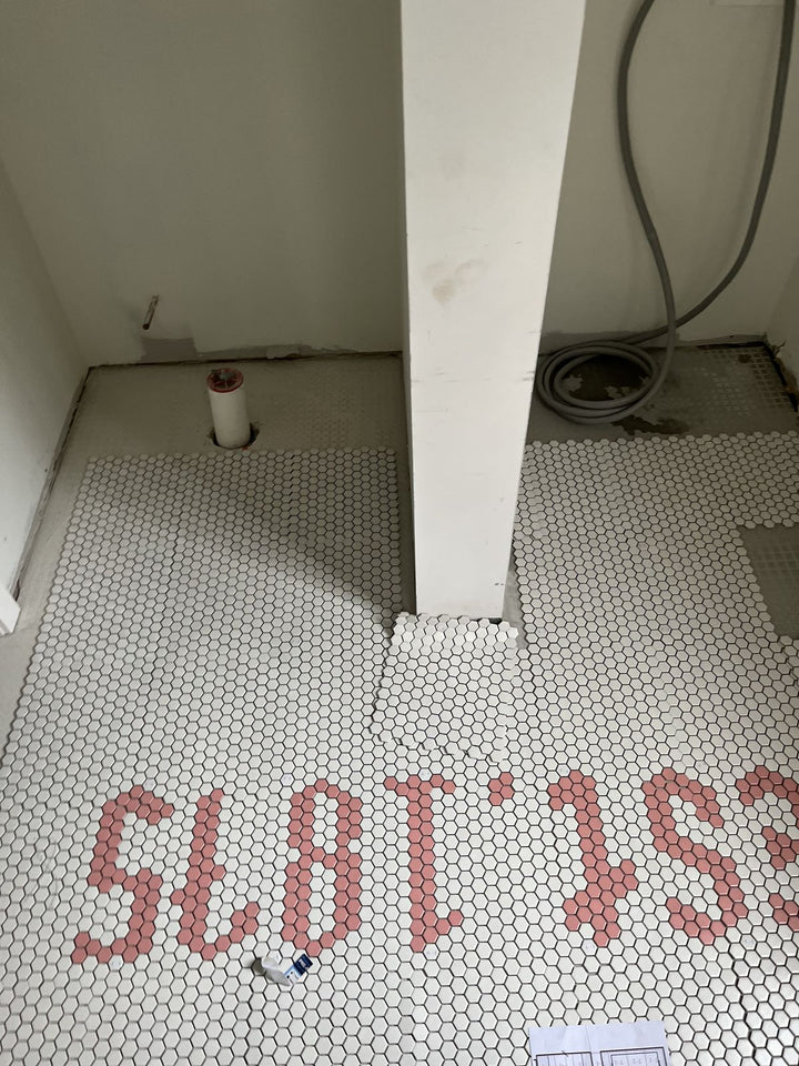 EST. 1875 red penny tile lettering, house number mosaic by Mosaic Lettering