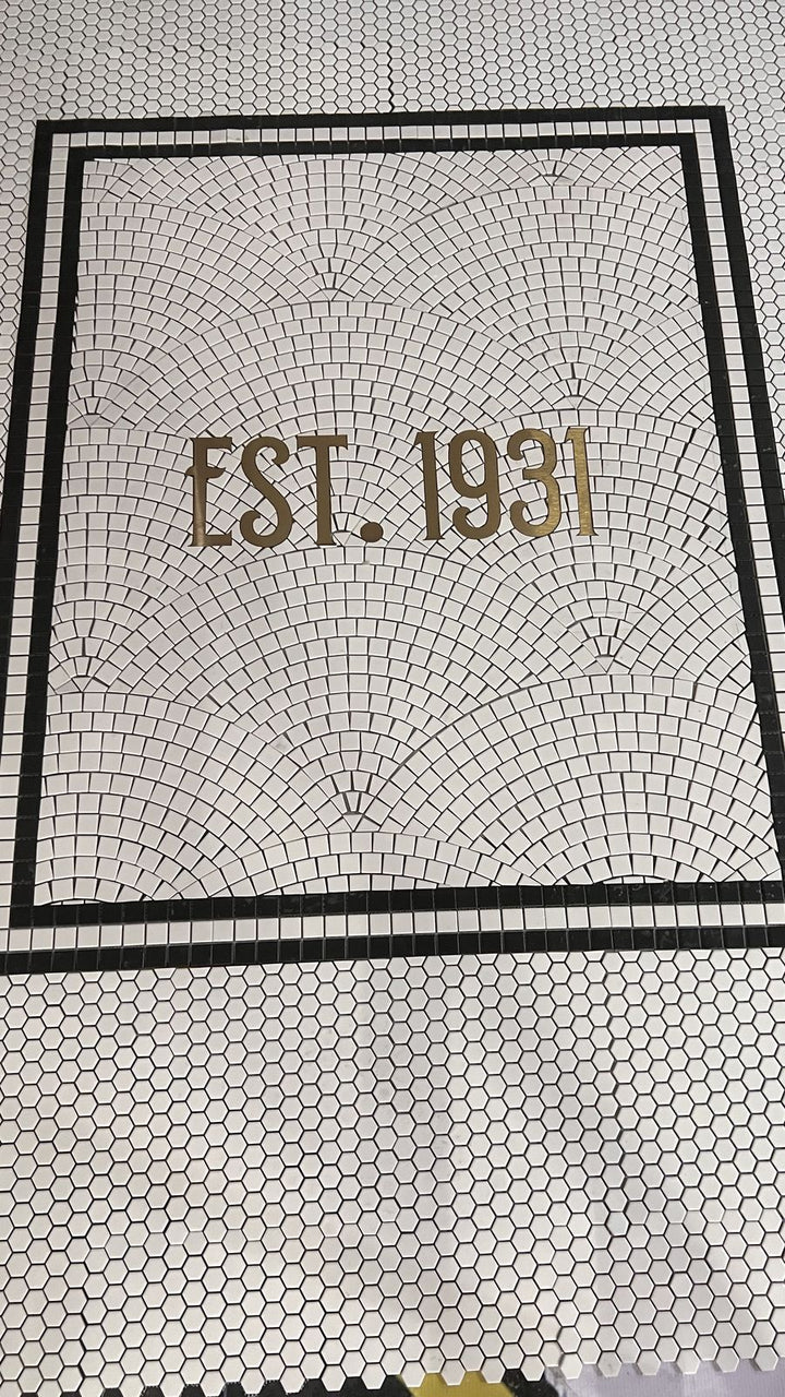EST. 1931 penny tile mosaic, house number mosaic by Mosaic Lettering, photographed at our studio before installation