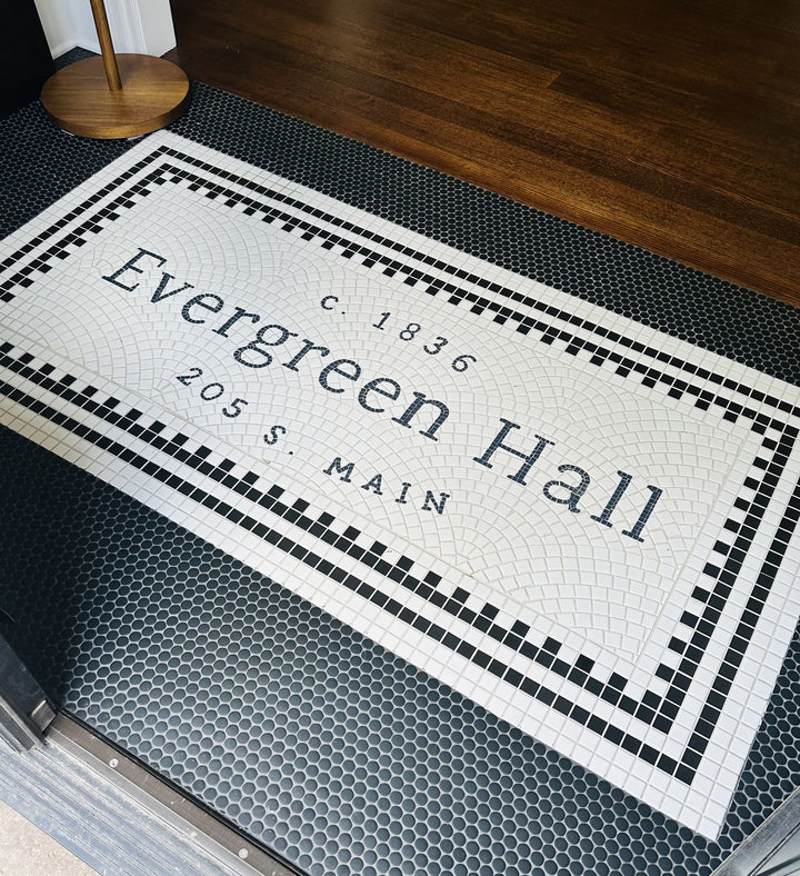 Evergreen Hall entrance mosaic, hotel entrance mosaic by Mosaic Lettering
