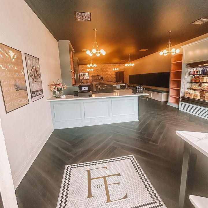 FE gold monogram entrance mosaic, business logo mosaic by Mosaic Lettering