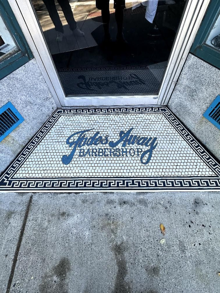 Feet Away barbershop entrance mosaic, business logo mosaic by Mosaic Lettering