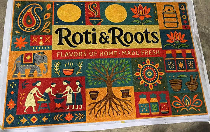 Roti & roots finished mosaic by Mosaic Lettering