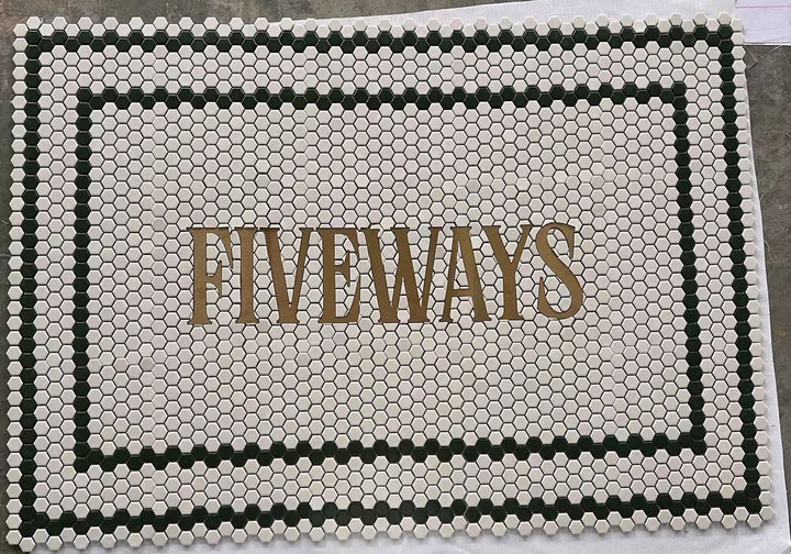 Fiveways gold lettering mosaic, business logo mosaic by Mosaic Lettering, photographed at our studio before installation