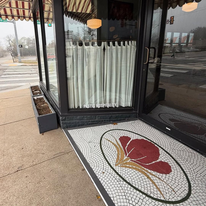 Flower medallion entrance mosaic, hand-cut mosaic by Mosaic Lettering