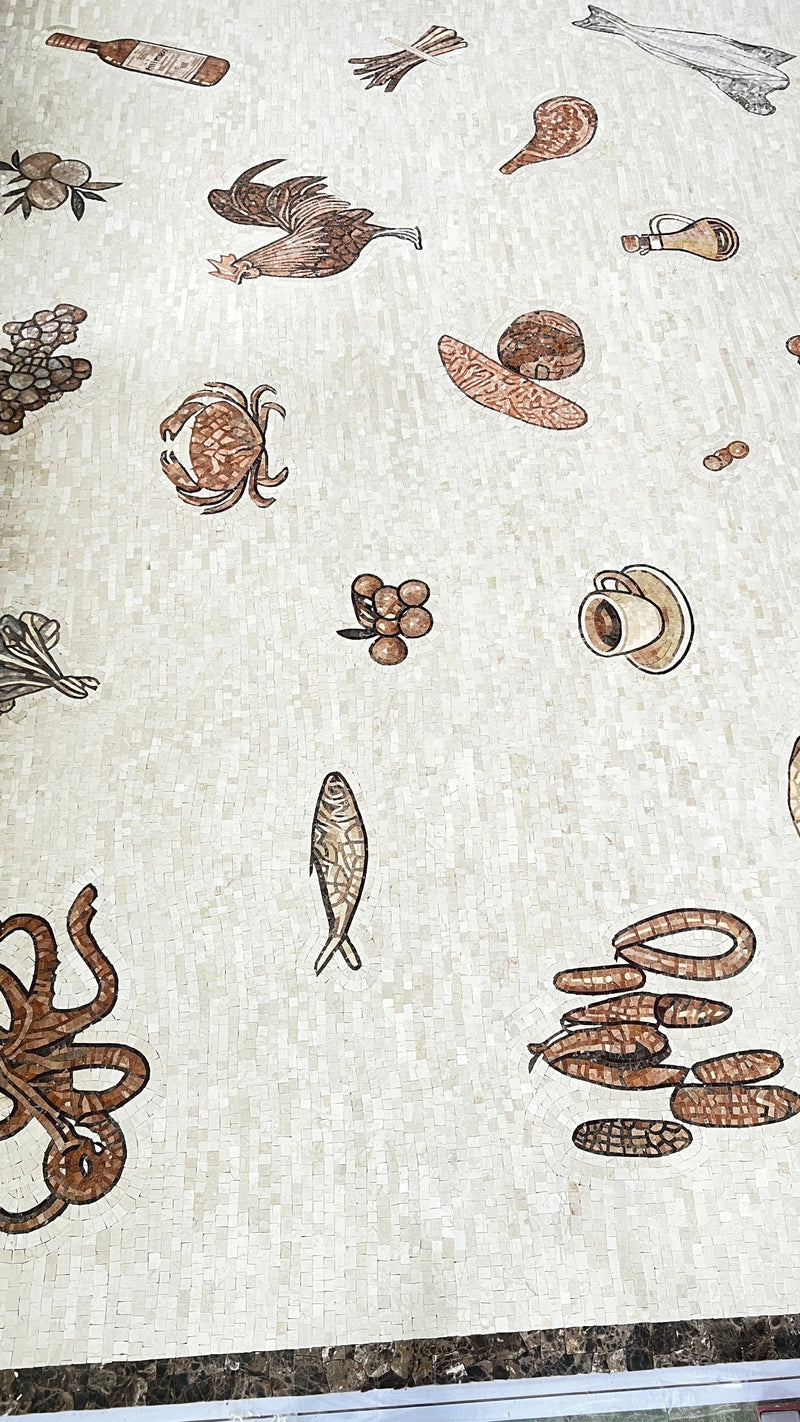 Food & wine motifs mosaic: Hand-cut marble floor