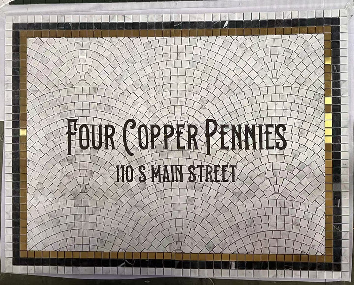 Four Copper Pennies fanned lettering mosaic, bar logo mosaic by Mosaic Lettering, photographed at our studio before installation