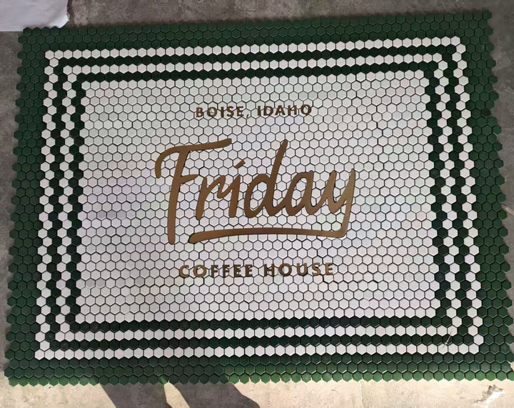 Friday Coffee House gold script mosaic, restaurant logo mosaic by Mosaic Lettering, photographed at our studio before installation