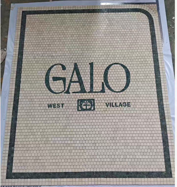 Galo West Village penny tile entrance, restaurant logo mosaic by Mosaic Lettering, photographed at our studio before installation