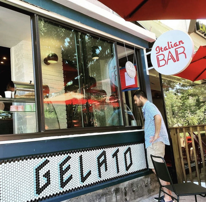 Gelato storefront entrance mosaic, restaurant logo mosaic by Mosaic Lettering