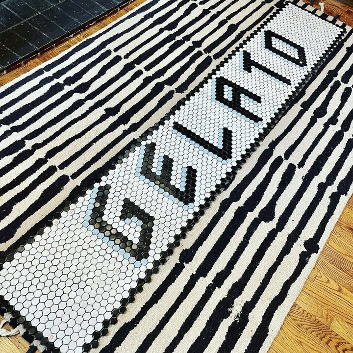 Gelato striped penny tile lettering, restaurant logo mosaic by Mosaic Lettering