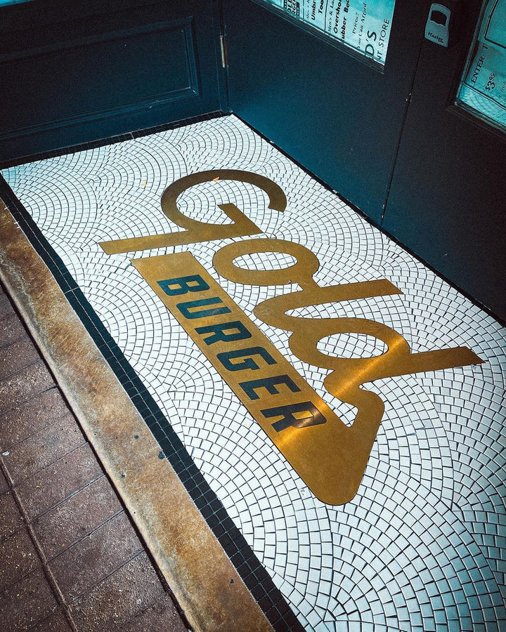 Gold Burger metallic lettering mosaic, restaurant logo mosaic by Mosaic Lettering
