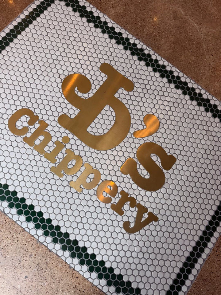 Gold lettering chippery mosaic, restaurant logo mosaic by Mosaic Lettering