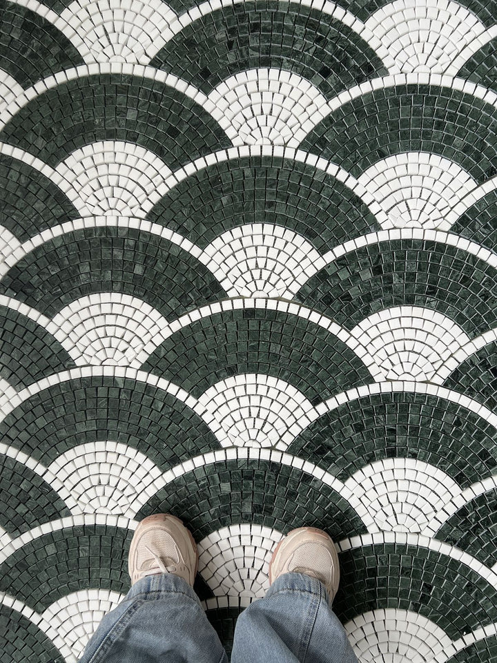 Green and white fish-scale fan pattern, fan pattern mosaic by Mosaic Lettering, photographed at our studio before installation