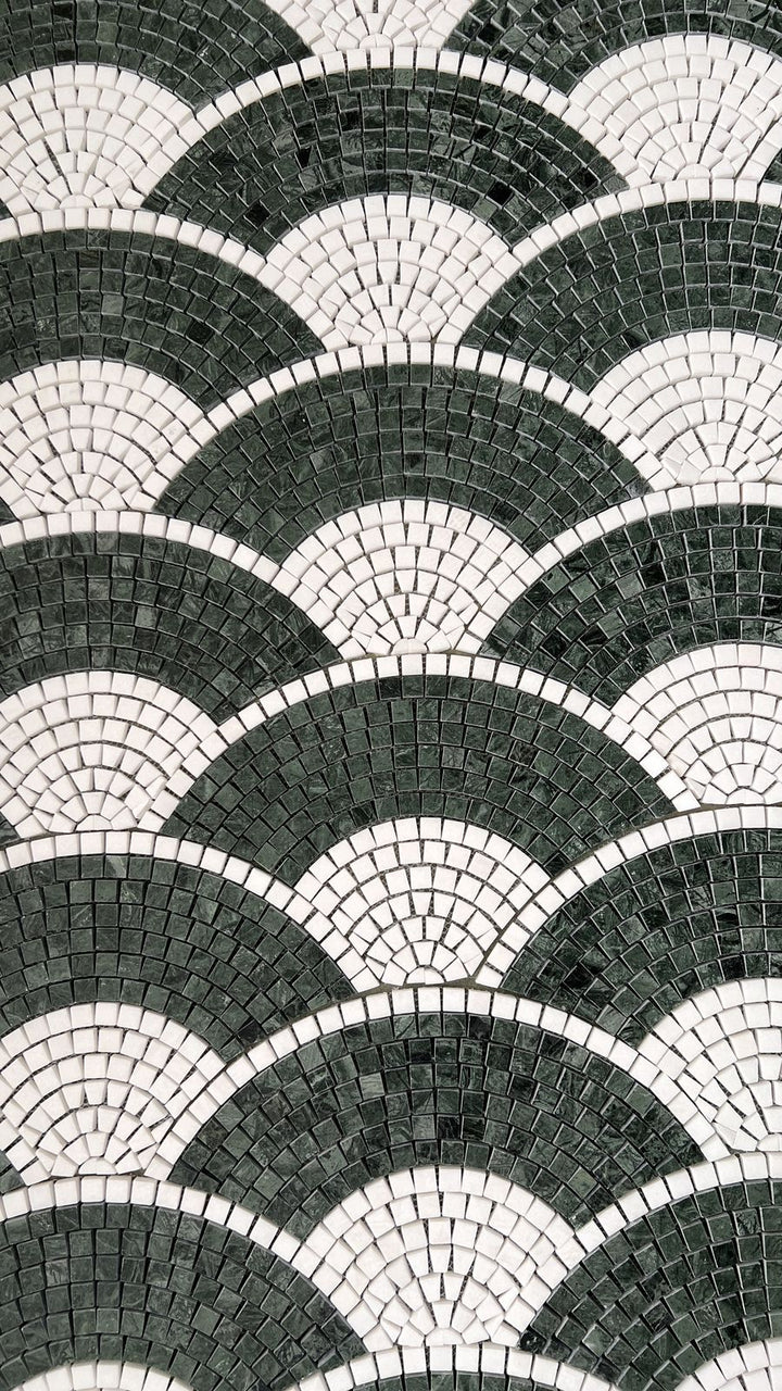 Green and white fish-scale pattern, fan pattern mosaic by Mosaic Lettering, photographed at our studio before installation